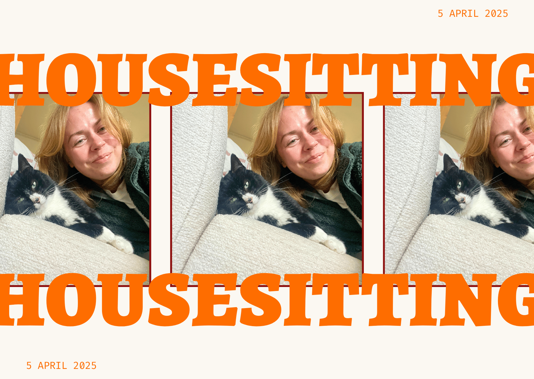 Woman smiling next to a black and white cat on a sofa, highlighting housesitting as a form of responsible travel.