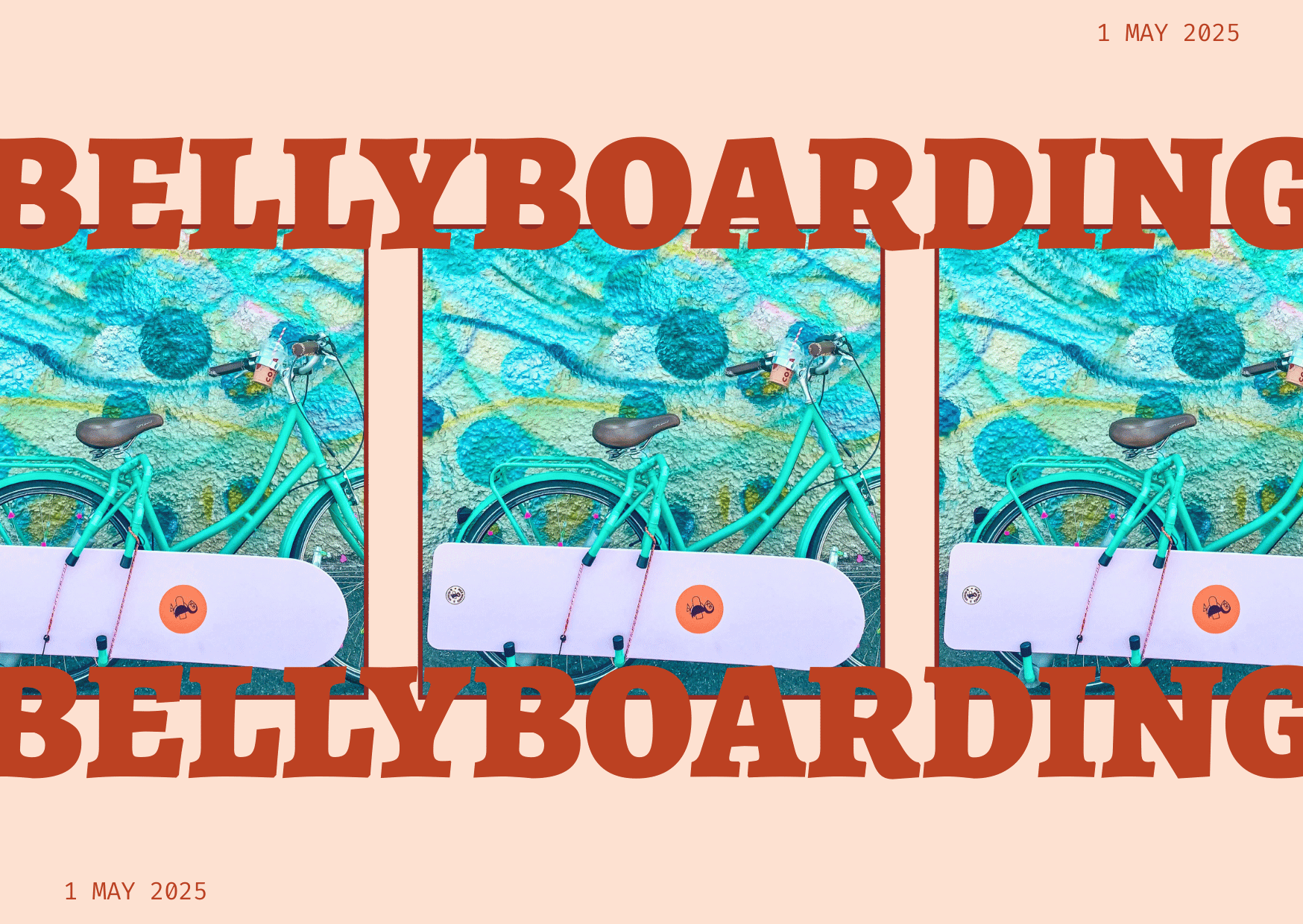 Turquoise bicycle with pink bellyboard against blue and white painted wall mural