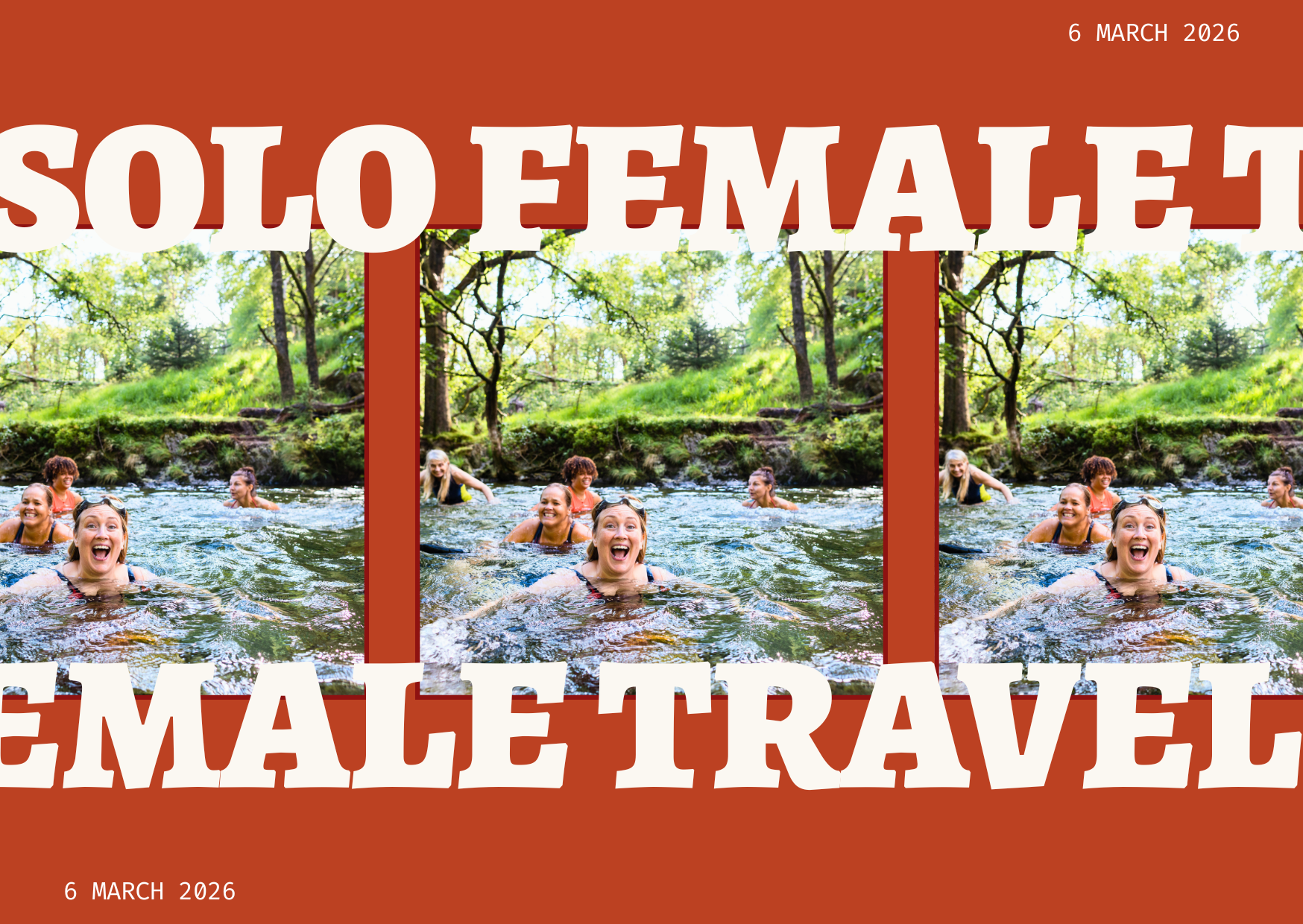 Five joyful women laughing and splashing in a clear river surrounded by lush green trees, representing friendship and connection during solo female travel adventures