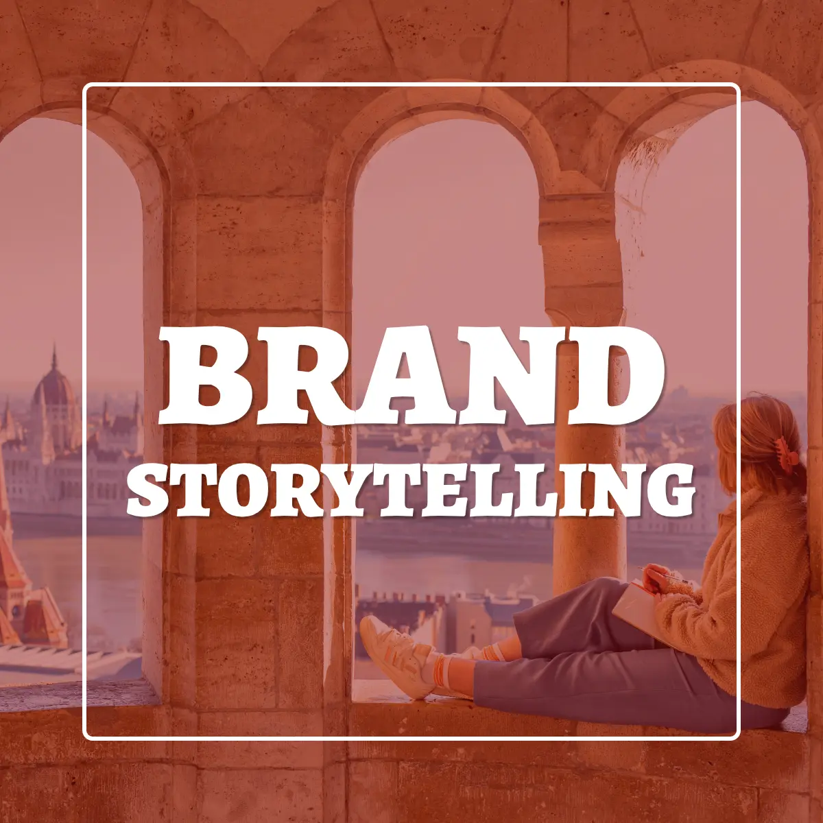 A faded image of a woman writing and the words 'brand storytelling' overlaid