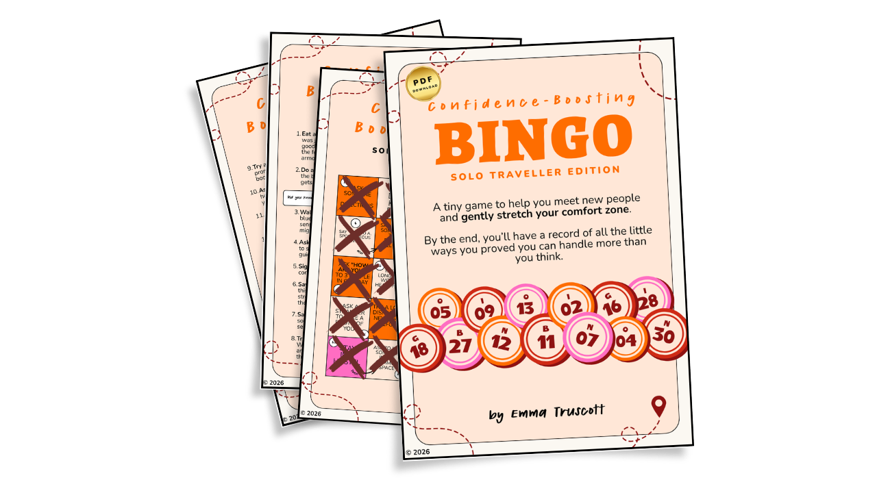 Cover mockup for Confidence-Boosting Bingo: Solo Traveller Edition, a downloadable PDF game by Emma Truscott.