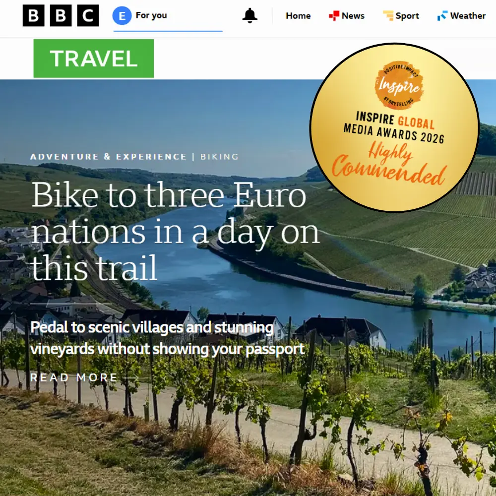 Screenshot of a BBC Travel feature by freelance travel writer Emma Truscott about biking through three Euro nations in a day
