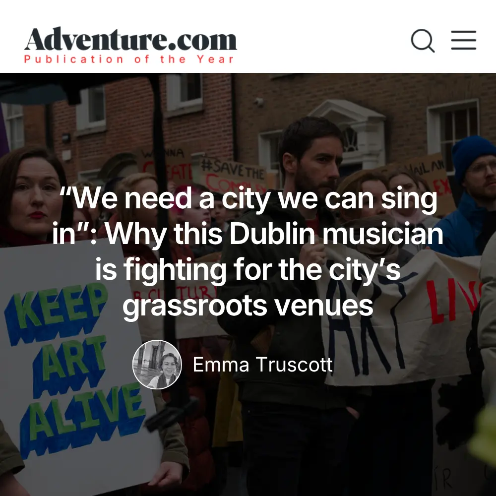 Screenshot of an Adventure.com feature by freelance travel writer Emma Truscott about a Dublin musician and grassroots venues