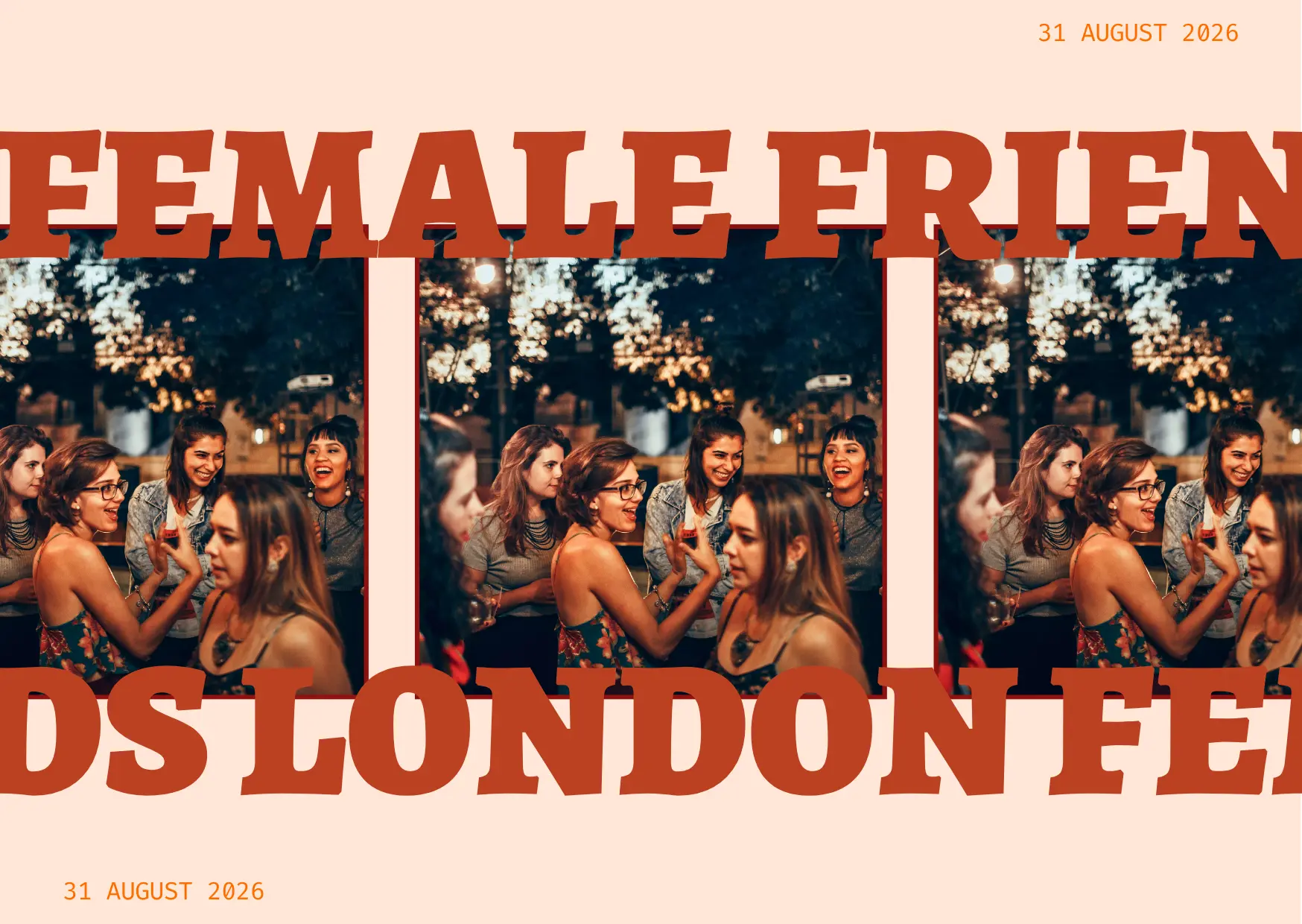 Women socialising together at a London event, with large text reading “Female Friends London”.