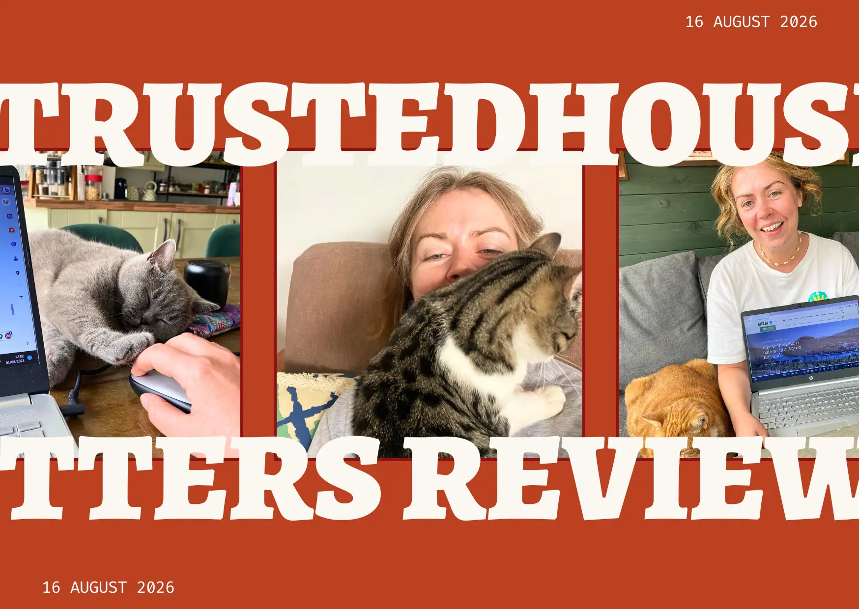 Various images of a woman with cats as she gives her TrustedHousesitters review