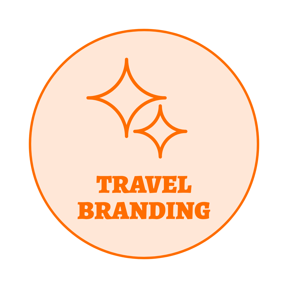 A decorative icon with stars reading 'travel branding'